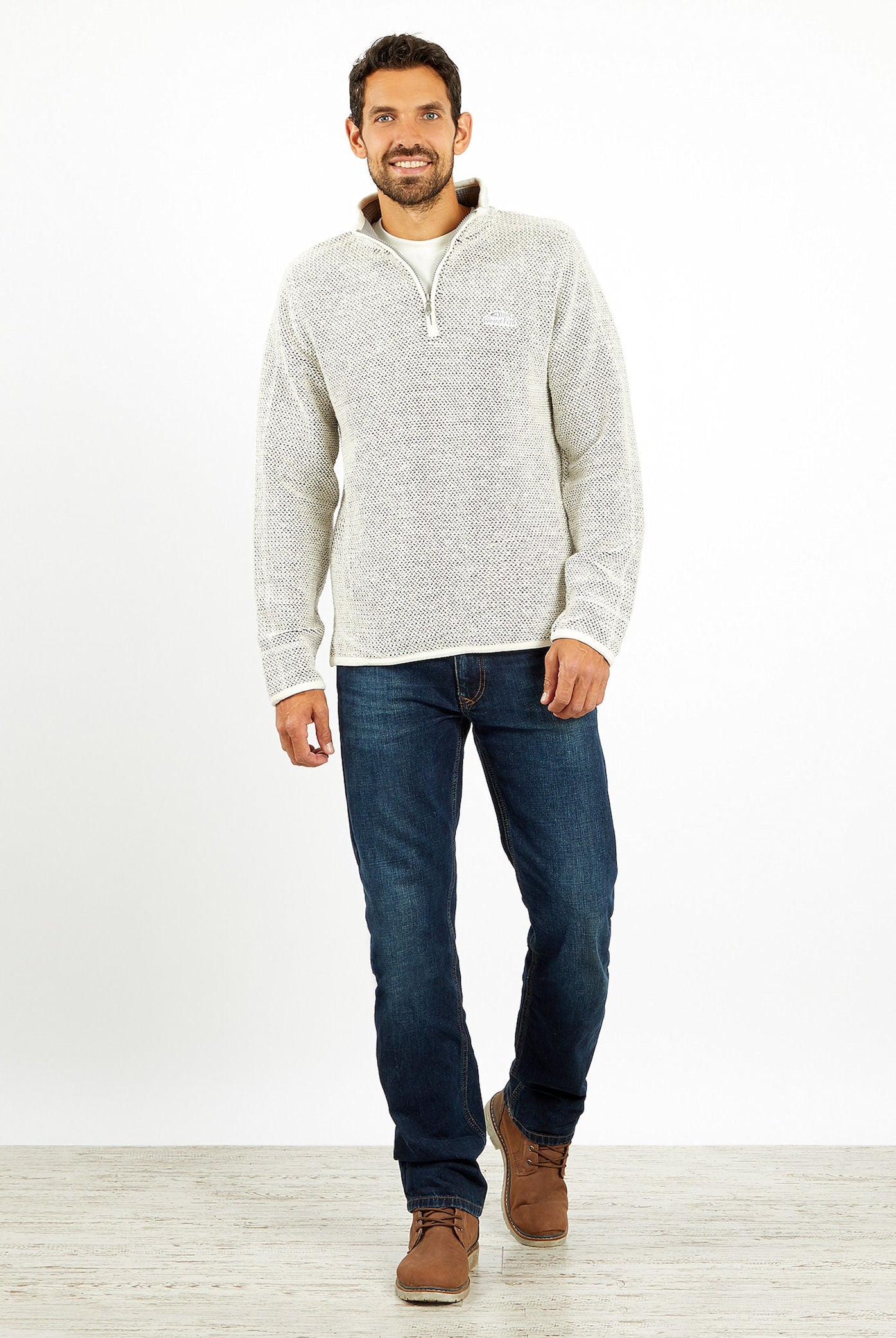 Weird Fish Mens 'Stern' 1/4 Zip Macaroni Knitted Top - Ecru