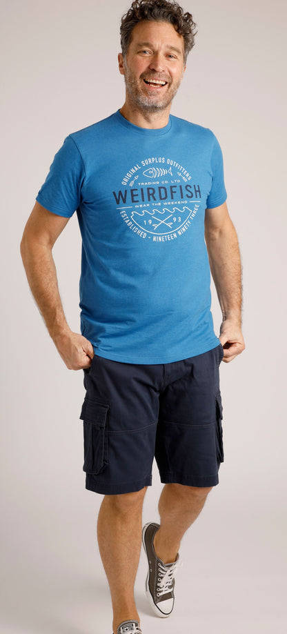 Weird Fish mens t-shirt in blue featuring a vintage logo design and comfortable fit for casual wear