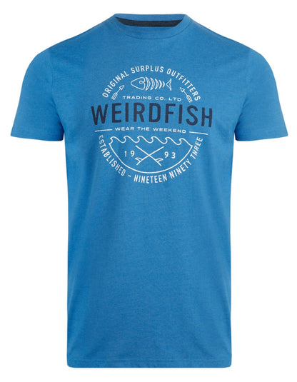Weird Fish mens t-shirt in blue with vintage logo and casual fit for weekend wear