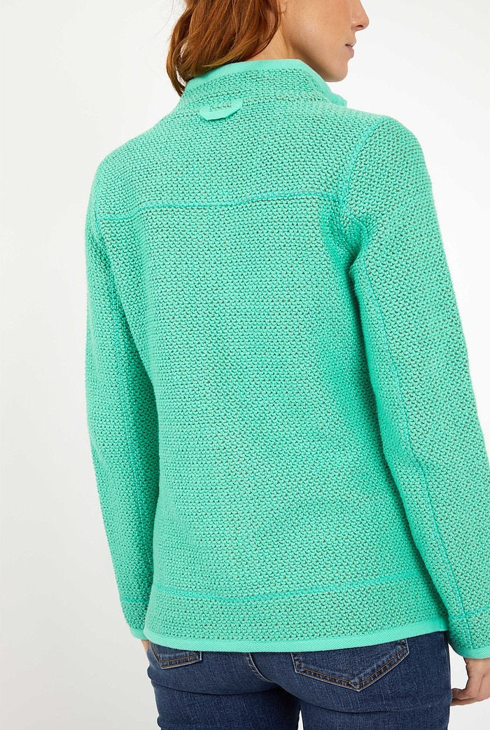Weird Fish women's Sontee full zip macaroni knitted top in Soft Green.