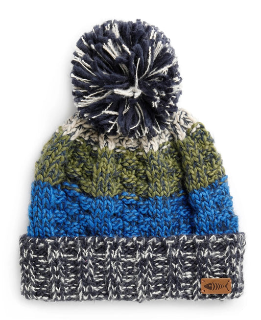 Weird Fish 'Hutchins' Block Stripe Knitted Bobble Hat - Moss Green