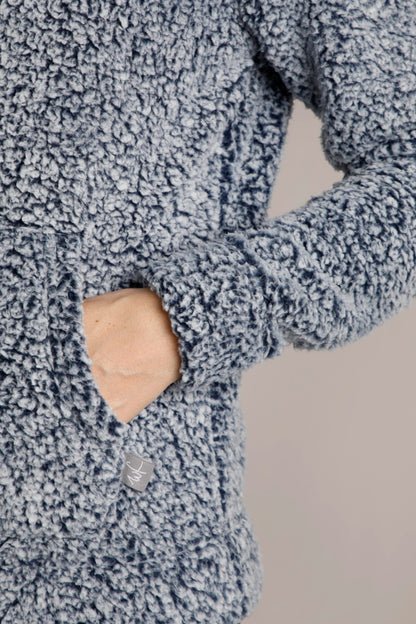Women's Yara cosy fleece hoody from Weird Fish in navy with front pouch tummy pocket.