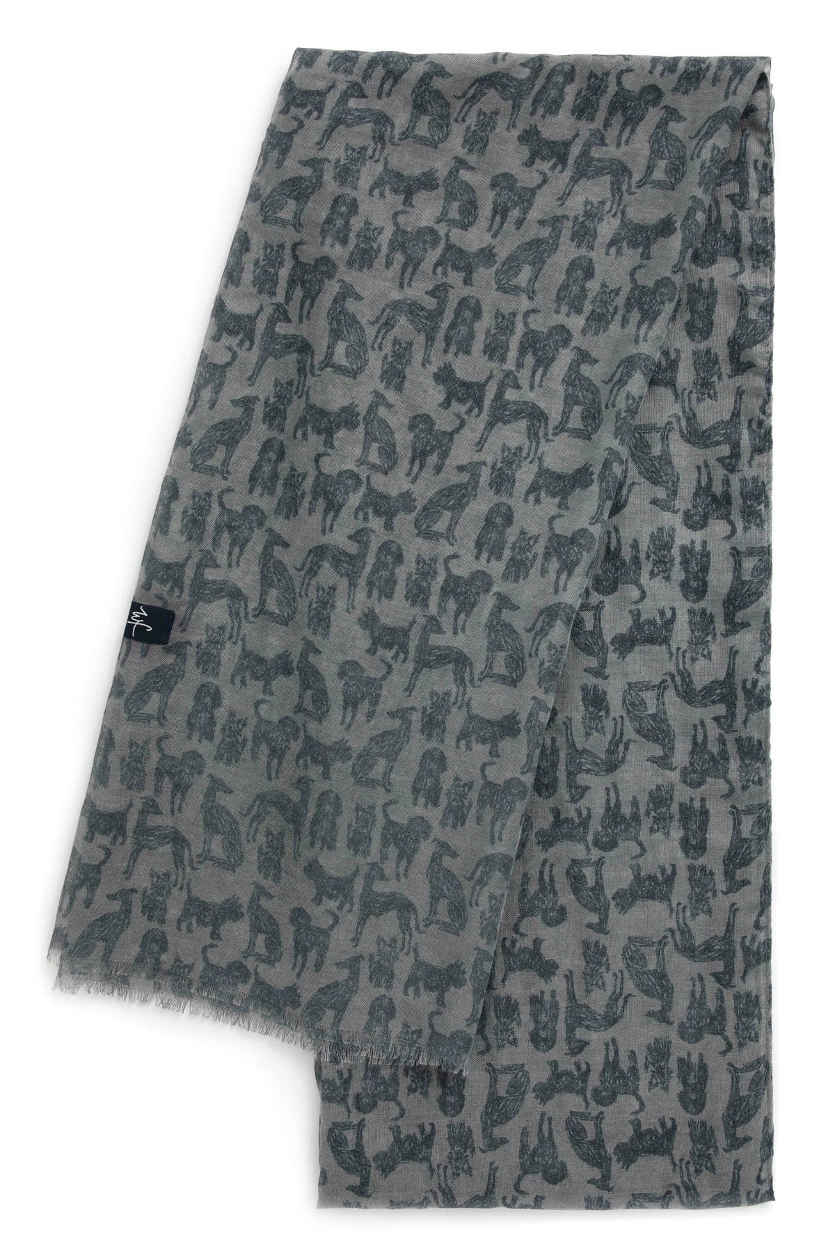 Lightweight Alverton scarf from Weird Fish in Dusty Blue with a sketch style dog print.