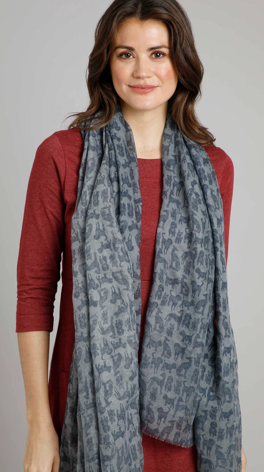 Alverton lightweight scarf from Weird Fish in Dusty Blue with a sketch style dog print.