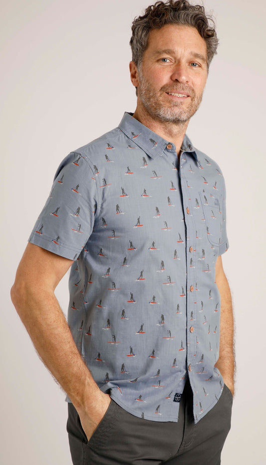 Weird Fish Mens 'Monto' Paddleboarder Print Shirt - Pale Denim Blue