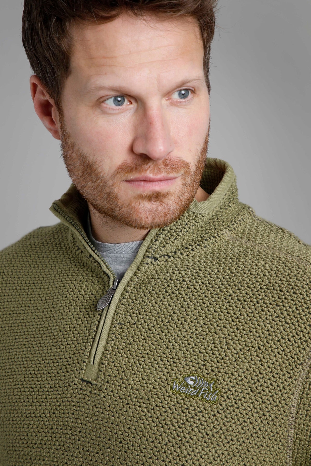 Weird Fish Mens 'Stern' 1/4 Zip Macaroni Knitted Top - Olive Green