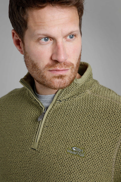 Weird Fish Mens 'Stern' 1/4 Zip Macaroni Knitted Top - Olive Green