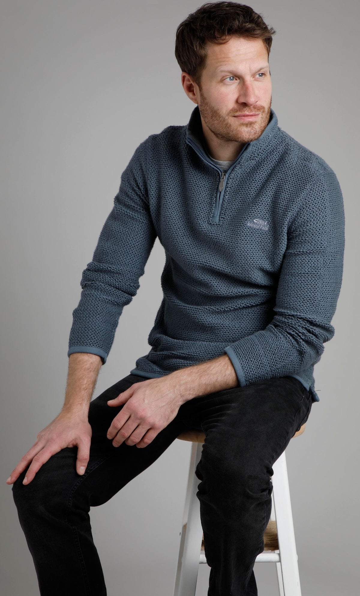 Weird Fish Mens 'Stern' 1/4 Zip Macaroni Knitted Top - Dusty Blue