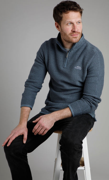 Weird Fish Mens 'Stern' 1/4 Zip Macaroni Knitted Top - Dusty Blue