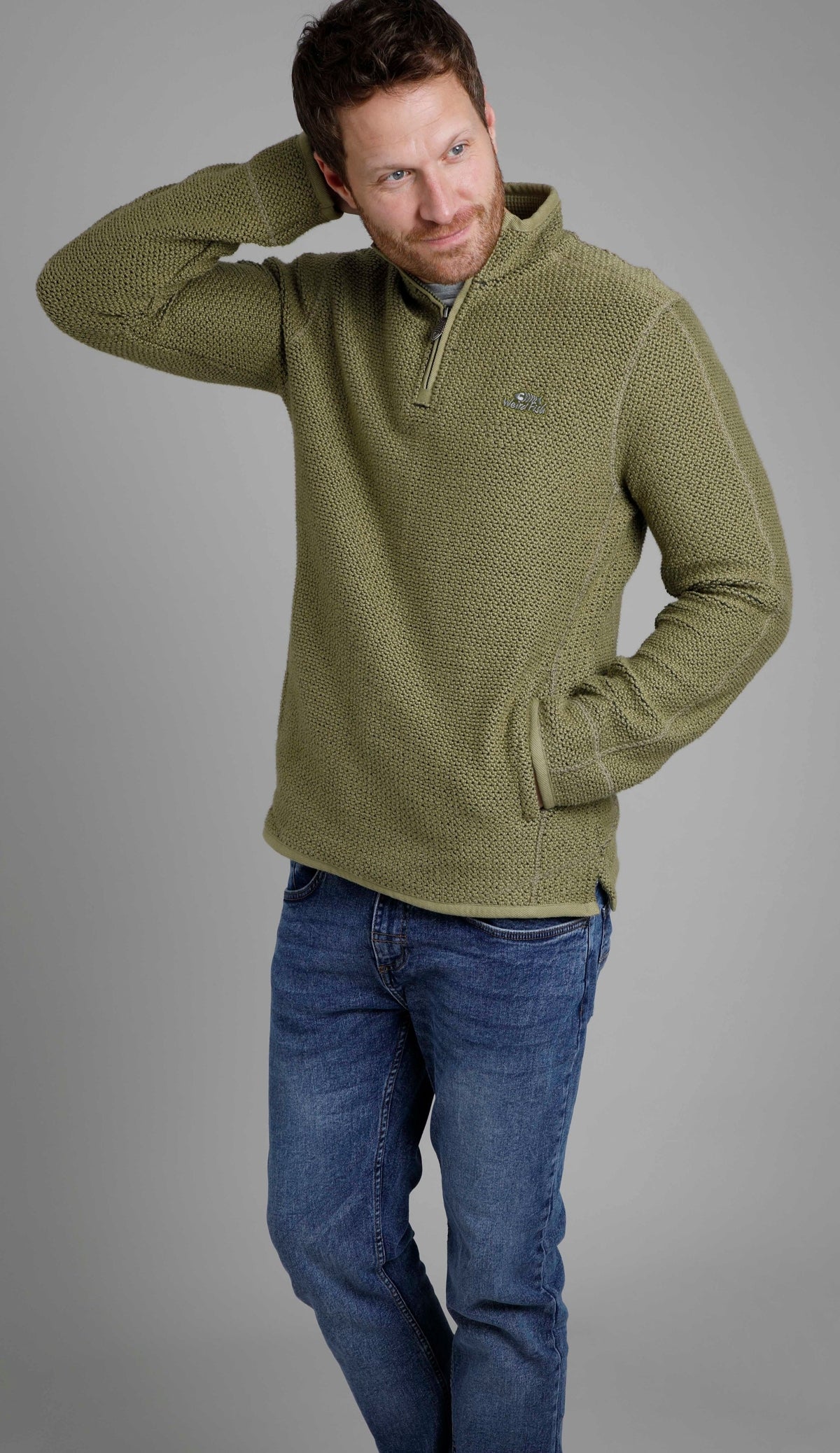 Weird Fish Mens 'Stern' 1/4 Zip Macaroni Knitted Top - Olive Green