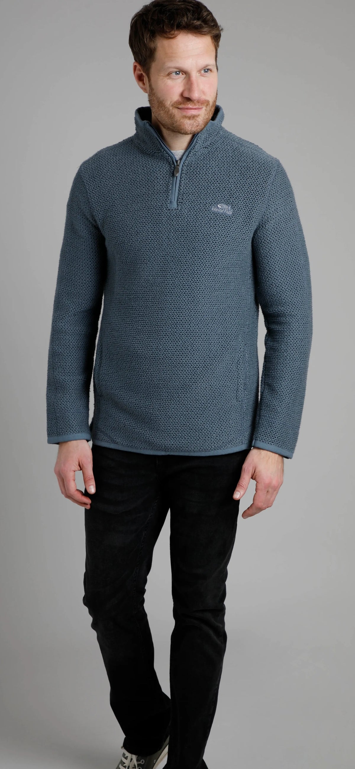 Weird Fish Mens 'Stern' 1/4 Zip Macaroni Knitted Top - Dusty Blue