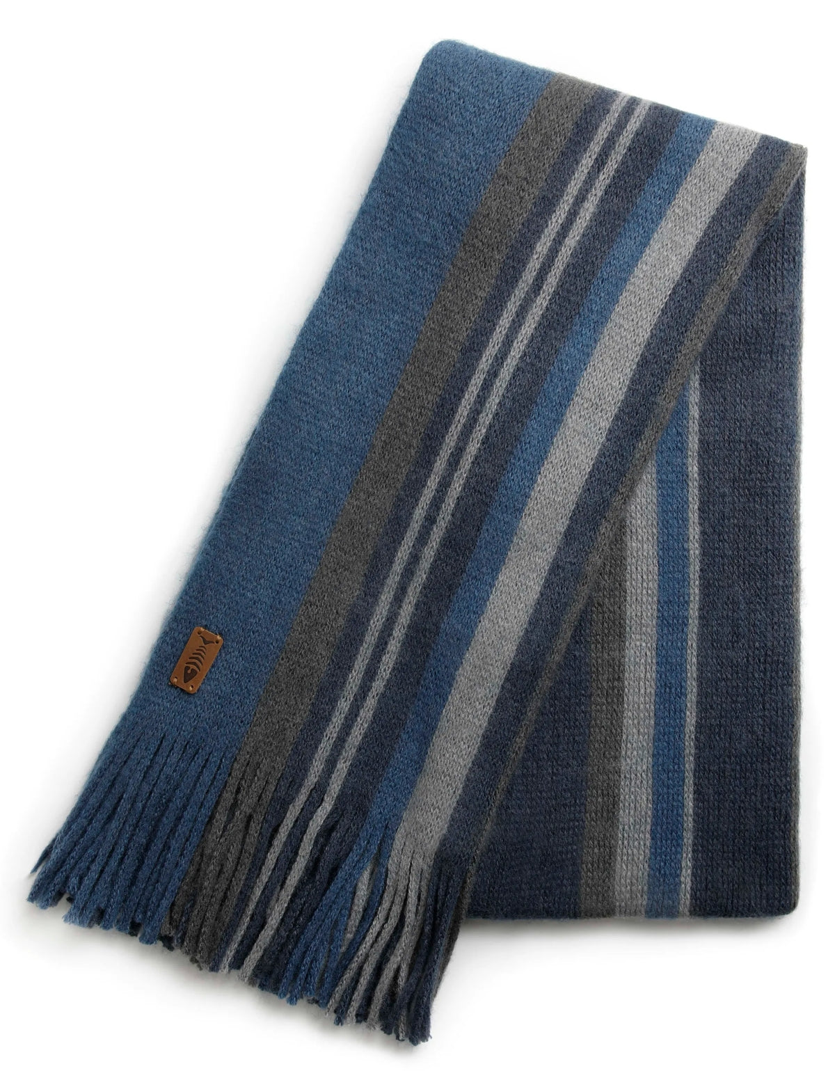 Weird Fish acrylic and recycled polyester Hartford scarf in Ensign Blue with vertical stripe pattern and tassel ends.