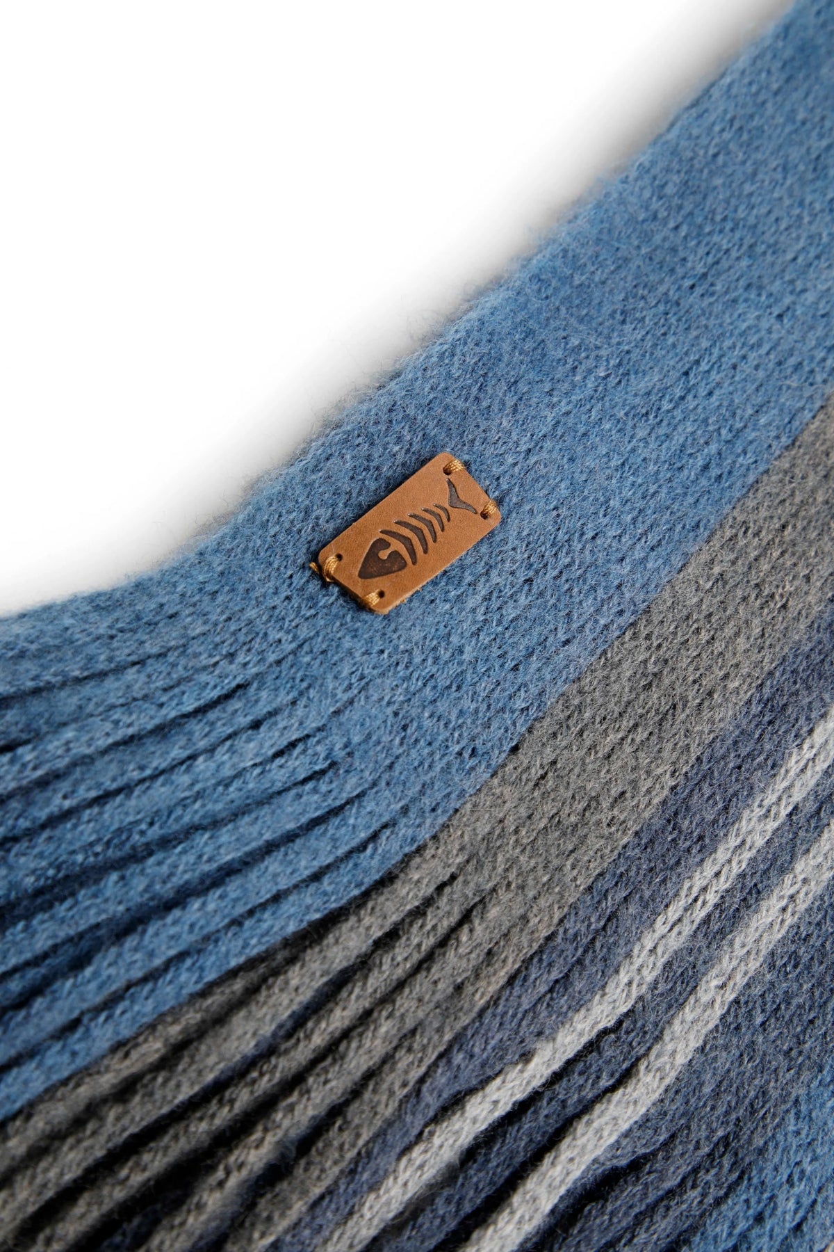 Ensign Blue Weird Fish stripe Hartford scarf with fishbones logo.