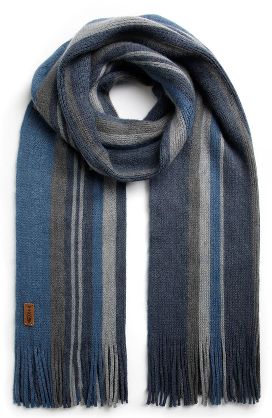 Weird Fish Hartford scarf in Ensign Blue with a vertical stripe pattern.