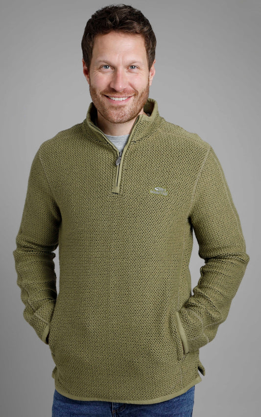 Weird Fish Mens 'Stern' 1/4 Zip Macaroni Knitted Top - Olive Green